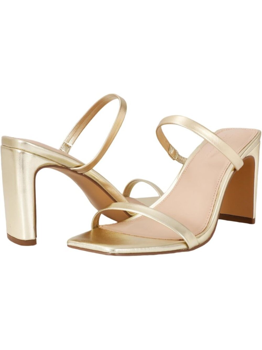 Women's Gold Heeled Sandals Square Toe Two Strap Block Strappy Heels for Party